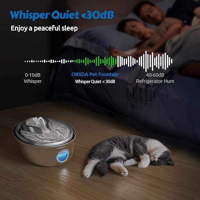 ORSDA Stainless Steel Cat Water Fountain, Automatic Pet Drinking Fountain, 100oz/3L Dog Water Dispenser with LED Water Level Window- 9Pcs Filters( D66