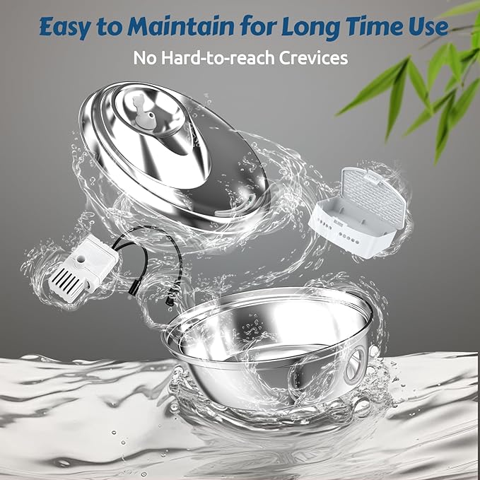 ORSDA Stainless Steel Cat Water Fountain, Automatic Pet Drinking Fountain, 100oz/3L Dog Water Dispenser with LED Water Level Window- 9Pcs Filters( D66